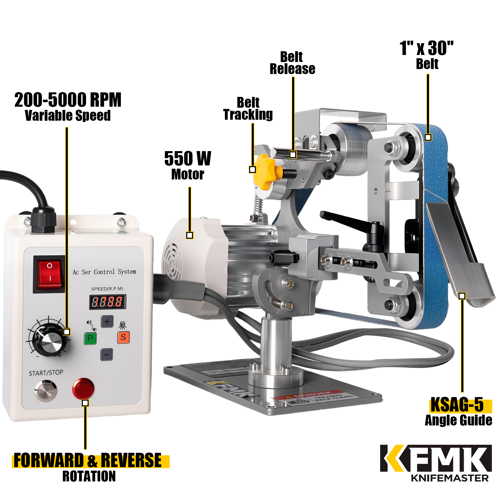1x30 Variable Speed Belt Sander with KSAG-5 & Forward/Reverse | Precision Bevel Control, Horizontal Grinding Setup, Contact Wheel Versatility
