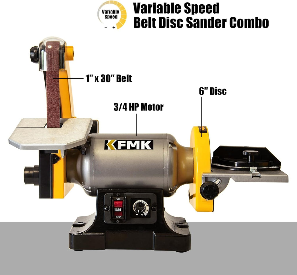 Variable Speed 1" x 30" Belt & 6" Disc Sander Combo, 3/4 HP Direct-Drive Motor, 2000–3400 RPM Disc / 1909–3248 SFPM Belt